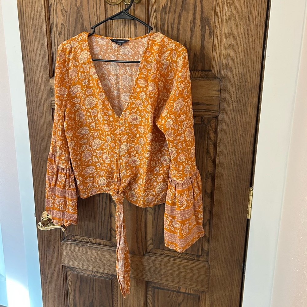 American Eagle Outfitters Orange Floral Boho Blouse Medium - Picture 3 of 9